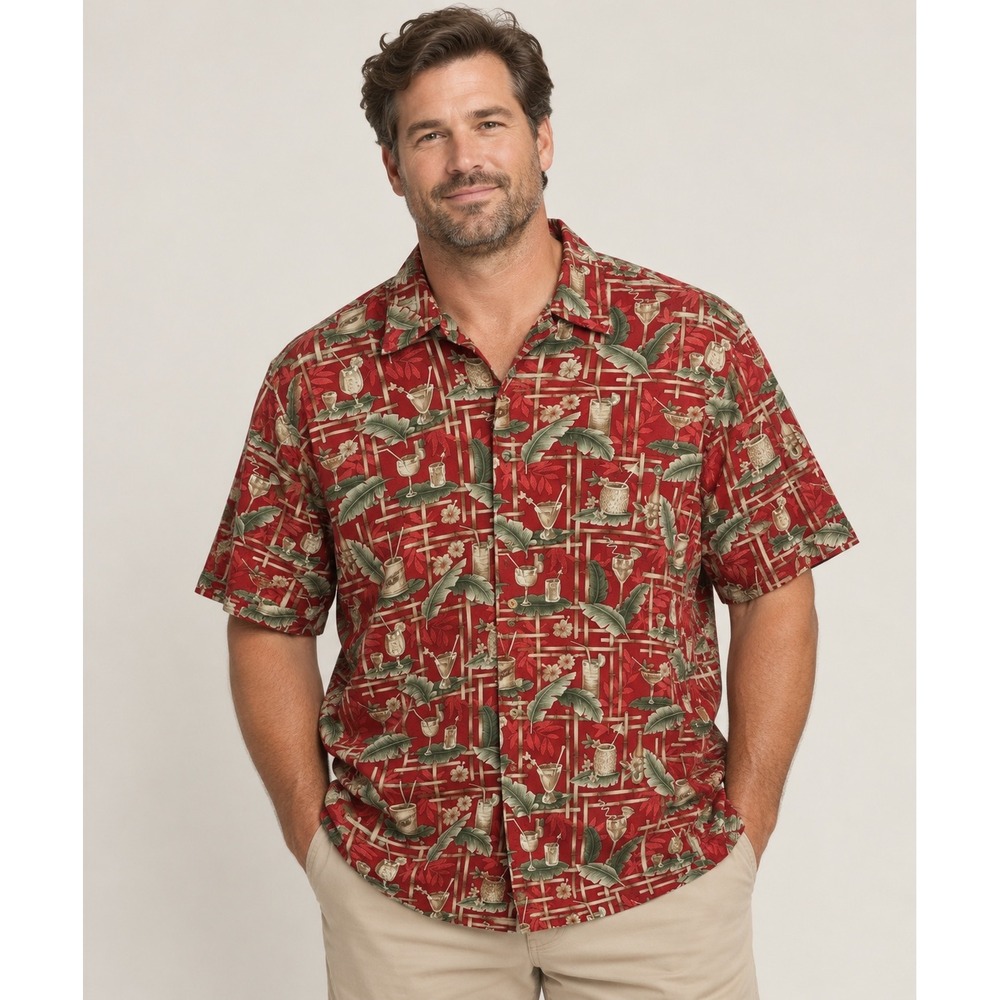 Vinatge Honolulu Mens Red Tropical Cocktail Bamboo Print Aloha Shirt Large
